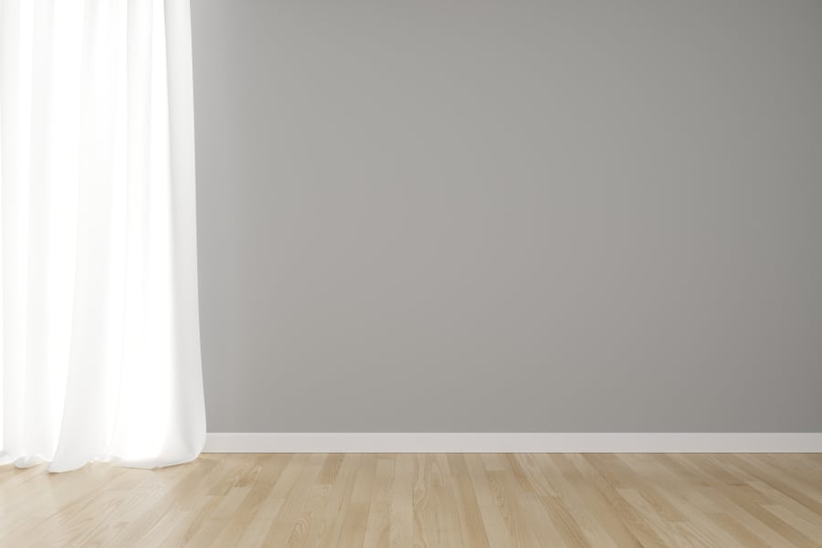 Empty Interior Grey Wall With White Curtain On Wooden Floor.