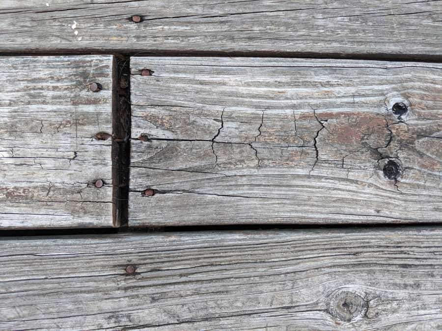 Old Wooden Deck Floor Boards That Are Cracked And Weathered, Needing To Be Stained And Repaired