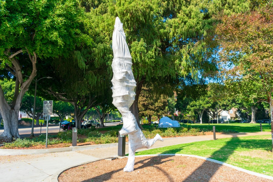 Statue In Beverly Gardens Park Is Wrapped In Plastic Tarp