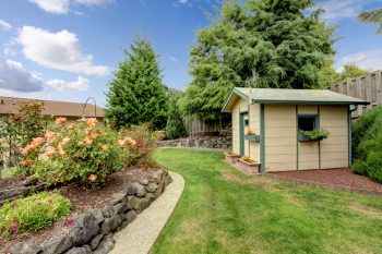 Small Green Fenced Back Yard With Garden And Shed.