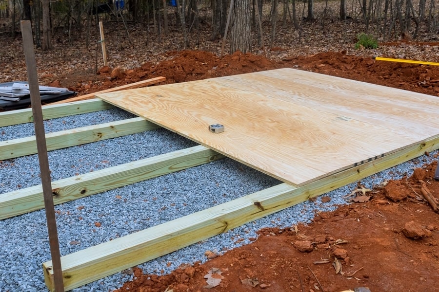 Wooden Deck Foundation In Backyard To Support Small Shed